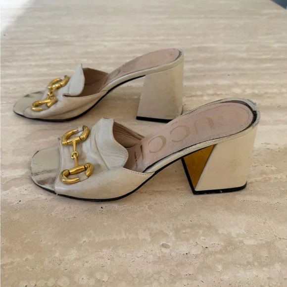 Classic GUCCI horsebit Tan and Gold Women's Mules - Picture 3 of 6